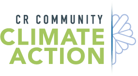 CR Community Climate Action logo in green and blue text with silhouette of City's Tree of Five Seasons statue.