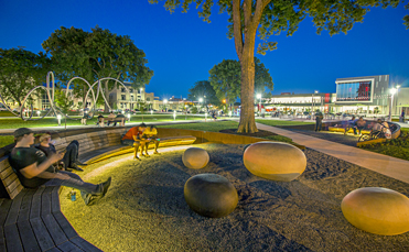 Benches at Greene Square in the evening 